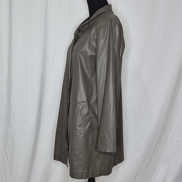 Eileen Fisher Olive Green Waxed Cotton Twill A-Line Jacket Hoodless - Size M - Picture 4 of 16